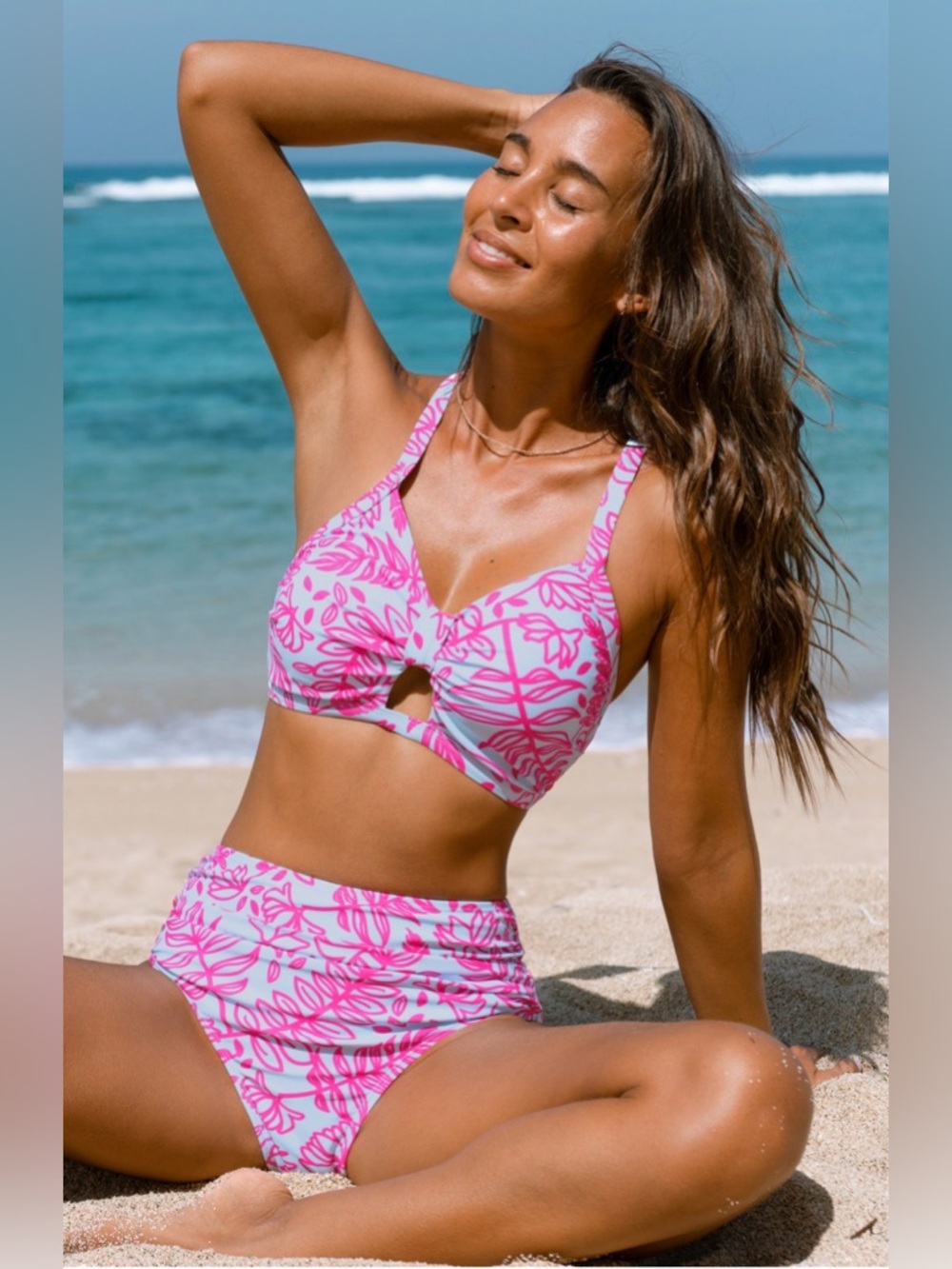 Cupshe Pink And Light Blue Floral Print High-Waist Bikini Set - Picture 1 of 5